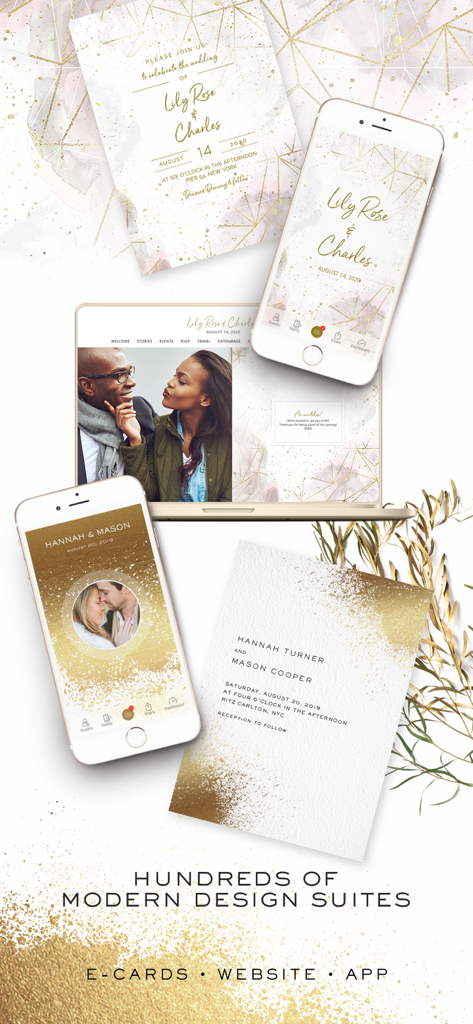 Appy Couple Wedding App - Suite di design per matrimoni moderni visualizzate su un'app per smartphone, sito web per laptop e cartoline di invito fisiche.