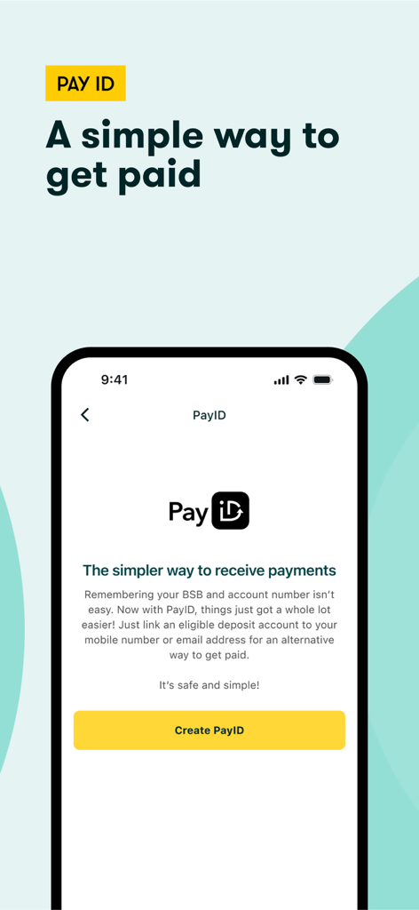 Suncorp Bank App - Suncorp Bank App PayID screen showing the simple way to receive payments using a mobile number or email