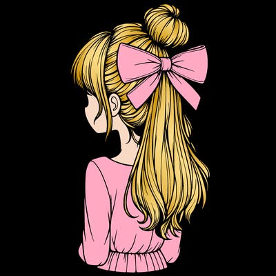 realistic girl  with hip length hair a bun and a big bow on the back of head