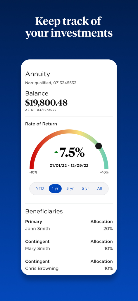 Interface do aplicativo Nationwide Mobile exibindo o saldo do investimento em anuidade e o rastreamento da taxa de retorno