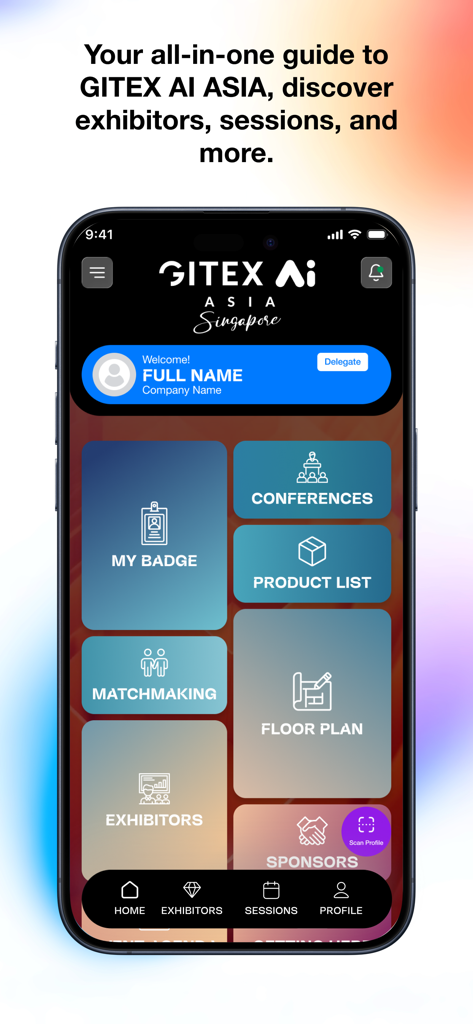 GITEX AI ASIA 2026 - Tela inicial do aplicativo móvel GITEX AI ASIA 2026 mostrando o painel do evento com navegação para conferências, expositores e mapa do local