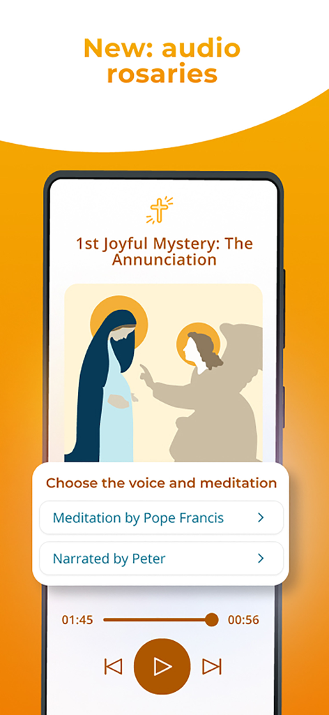 Rosario - Pray the Rosary - Interfaccia dell'app Rosario che mostra un lettore audio del Rosario per il 1° Mistero Gioioso con opzioni per scegliere meditazioni di Papa Francesco.