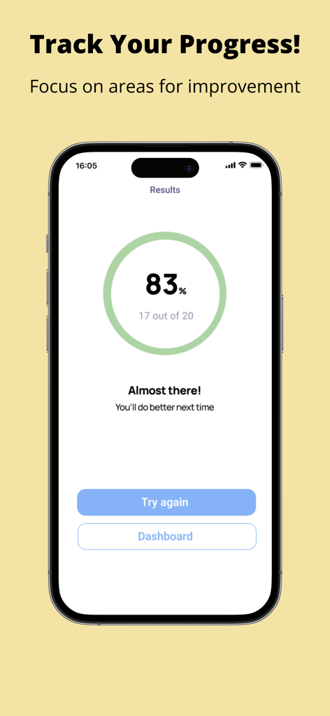 G1 Driving Test Ontario - Pantalla de resultados de la aplicación G1 Driving Test Ontario que muestra la puntuación del examen y el seguimiento del progreso