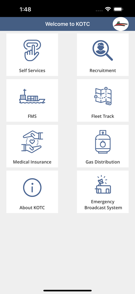 Main dashboard of the KOTC mobile app showing service icons for recruitment fleet tracking and medical insurance