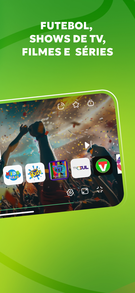 Interfaz de la aplicación móvil para TV Brasil que muestra opciones de transmisión en vivo e íconos de canales de fútbol y programas de televisión