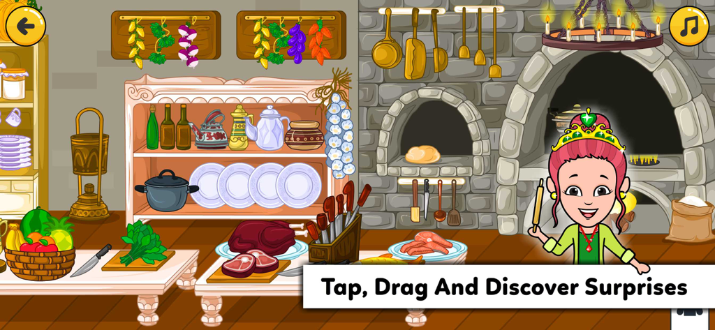 Tizi Town - Dream Castle House - A princess character standing in a royal castle kitchen filled with food and cooking utensils.