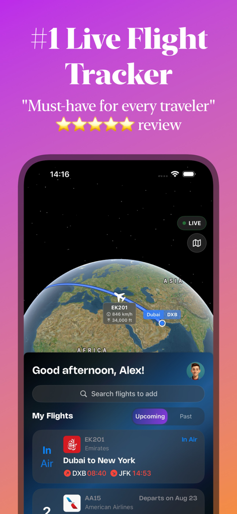 Flight Tracker: FlightElite AI - iPhone screen showing FlightElite AI app with a live 3D globe flight path and upcoming flight details