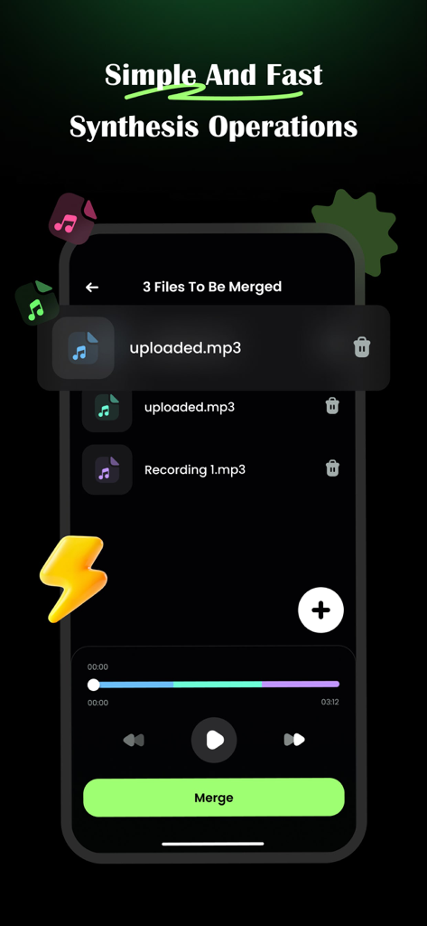 A mobile app screen showing a list of three audio files to be merged with a large green merge button at the bottom.
