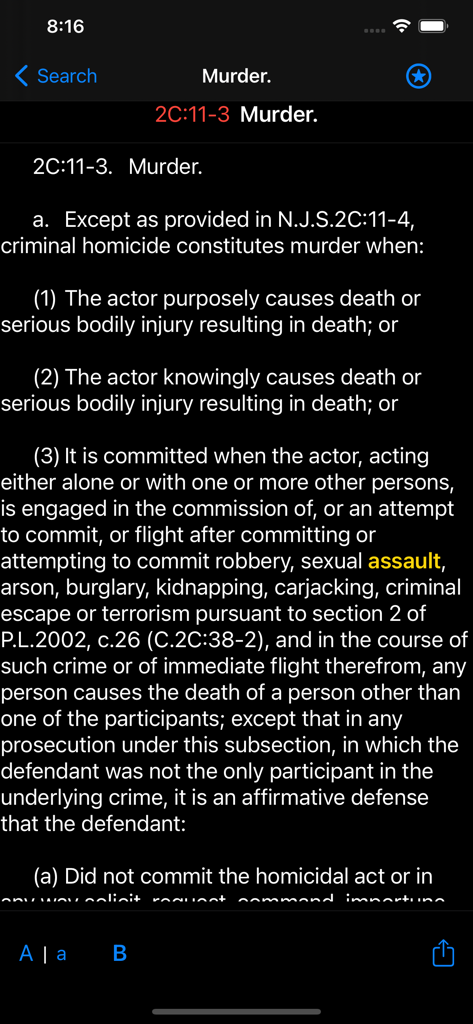 다크 모드에서 뉴저지 살인 법령을 표시하는 State Statute 및 Federal Law 앱의 스크린샷