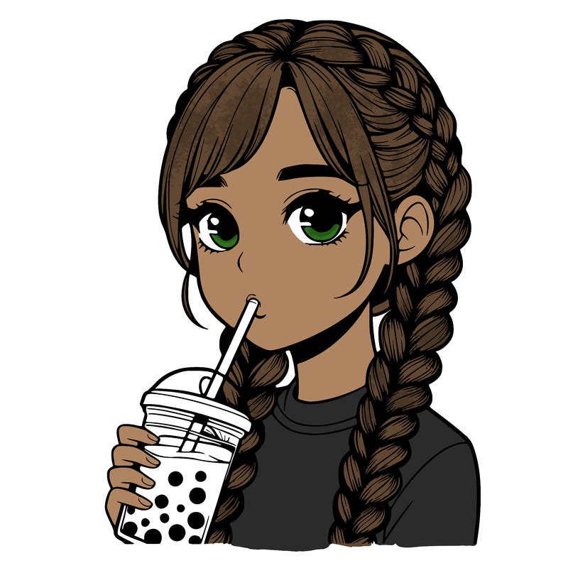 realistic girl with braided hair drinking boba