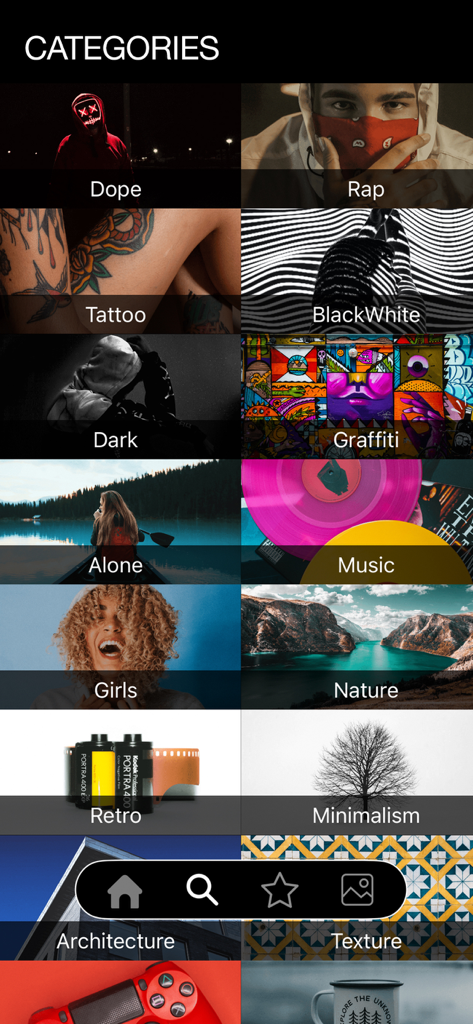 Dope Wallpapers For iPhone 4K - A grid of aesthetic wallpaper categories including Dope, Rap, and Graffiti