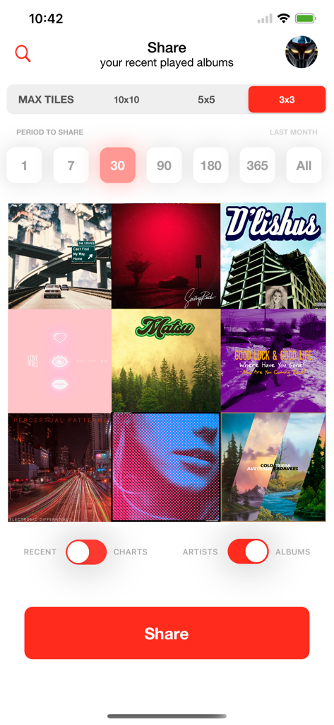 La pantalla de compartir de Trax Scrobbler mostrando una cuadrícula de 3x3 de portadas de álbumes reproducidos recientemente.