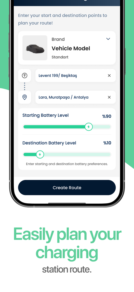 Zes-EV Station Network - Route planning interface in the Zes app showing battery levels and destination inputs for electric vehicle charging