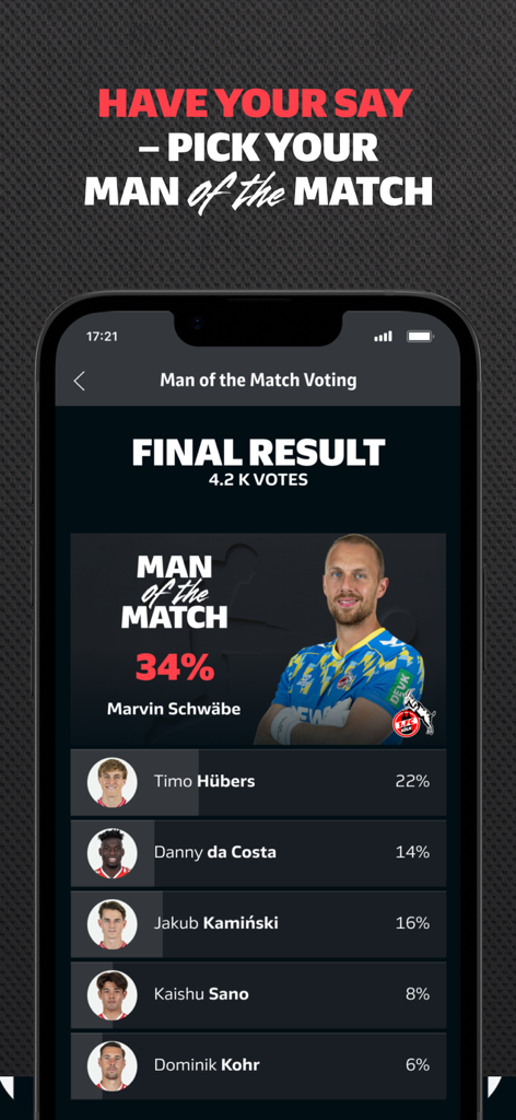 Bundesliga: Soccer Games, News - Official Bundesliga app screen showing Man of the Match voting results and player percentages.