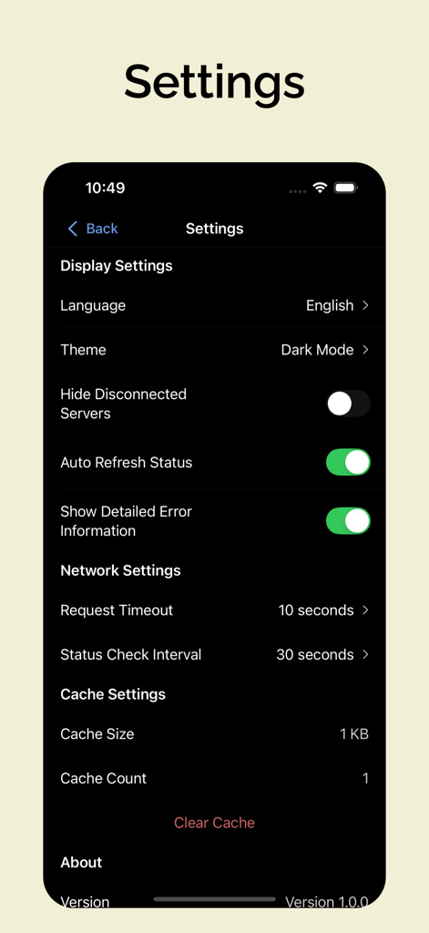 ClashX Pro - Server Manager - Settings screen of the ClashX Pro Server Manager app showing display network and cache configuration options in dark mode