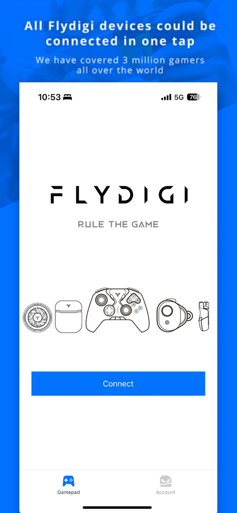Flydigi Game Center app interface showing the device connection screen with a list of compatible gaming peripherals and a connect button