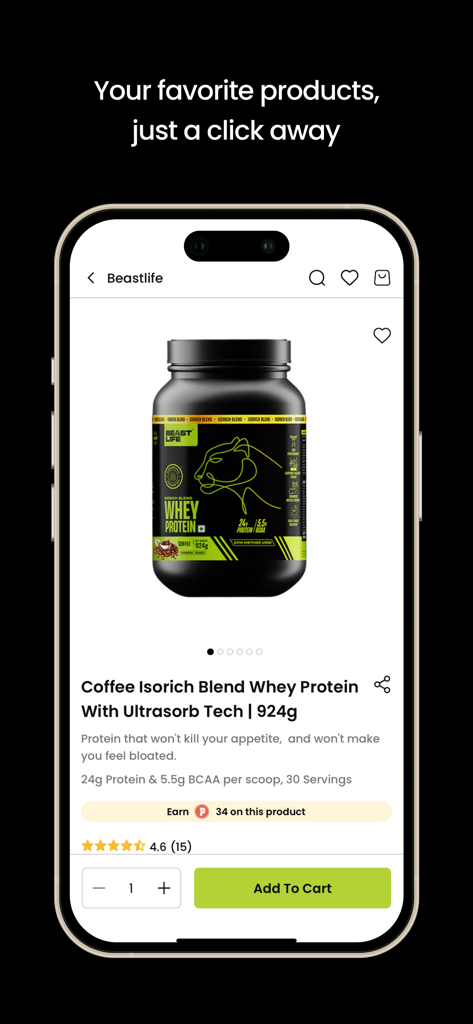 Beastlife - Beastlife app product page showing coffee whey protein with an add to cart button