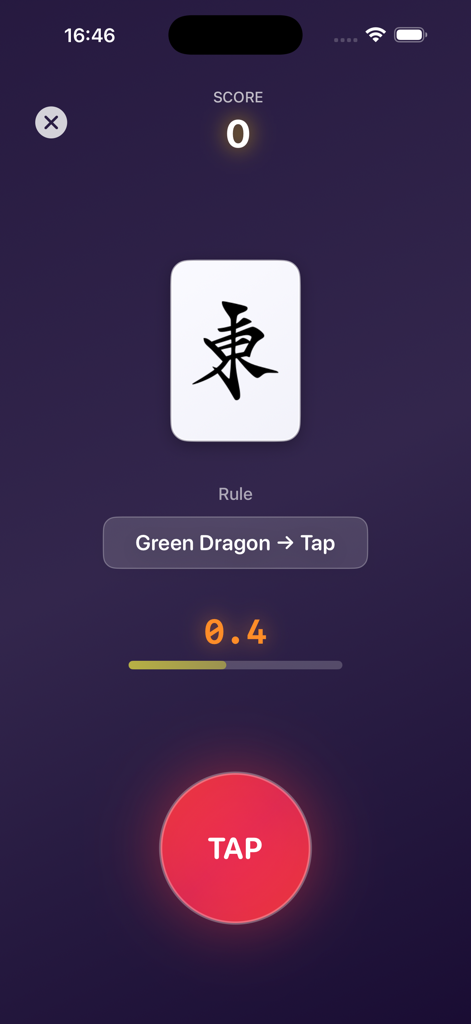 Mahjong One Button - Mobile gameplay of Mahjong One Button showing a tile a rule and a large red tap button with a countdown timer