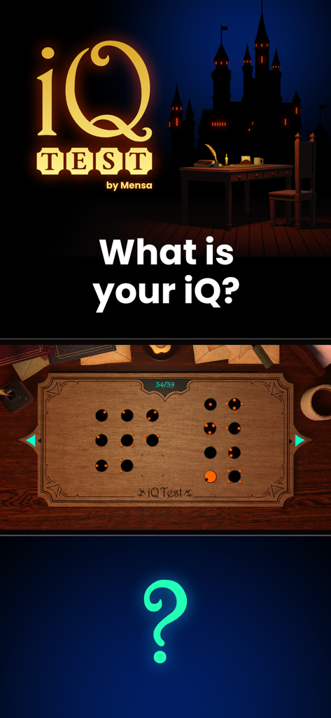 IQ Test - What's my IQ? - Screenshot of the IQ Test app showing a logic puzzle with black dots on a wooden board and a glowing question mark