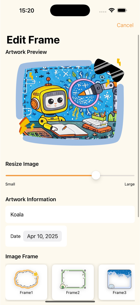 PaintyFrame - photo frame - User interface of the PaintyFrame app showing options to resize an image and select different decorative frames for a piece of artwork.