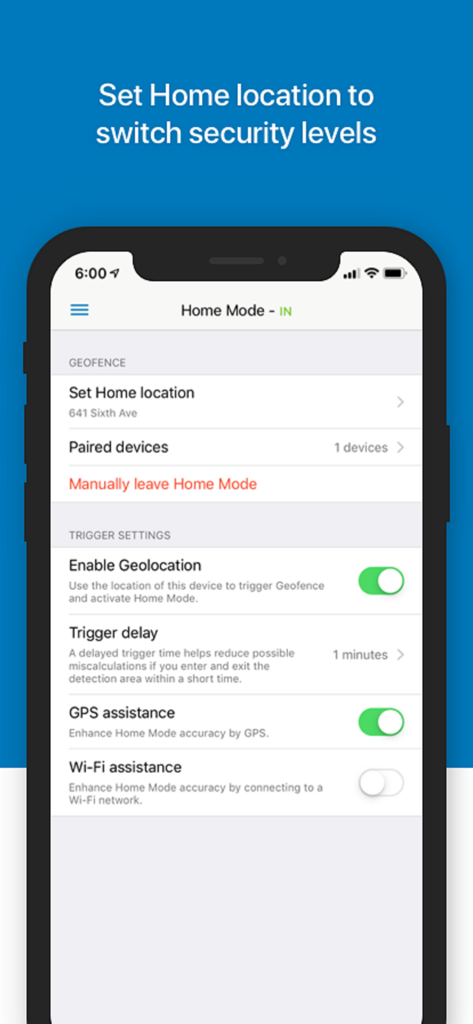 DS cam app interface showing geofence and home mode settings to switch security levels