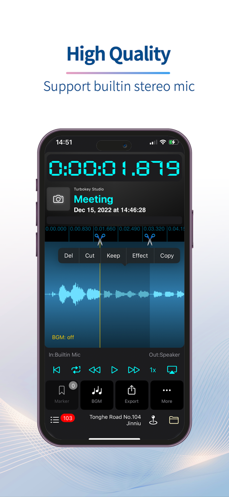 Recorder Plus - Audio Editor - Screenshot of the Recorder Plus app showing an audio waveform and editing tools like cut and copy for a recorded meeting