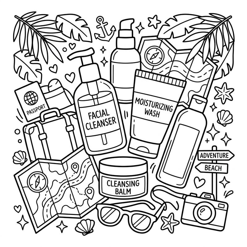 Get ready to pack your bags and your beauty routine with this delightful coloring page featuring essential cleansers and vacation travel items. It's the perfect way to unwind and dream of your next getaway while adding a splash of color.