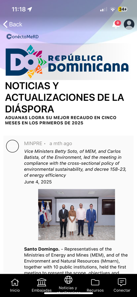 ConnectMeRD - ConnectMeRD mobile app showing news and updates for the Dominican diaspora.