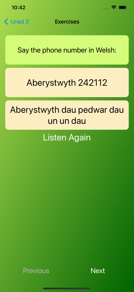 Cwrs Mynediad - Cwrs Mynediad app screen showing a Welsh number pronunciation exercise.