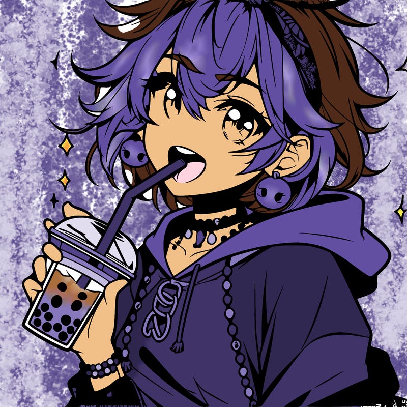 hot baddie anime girl drinking boba and biting the straw