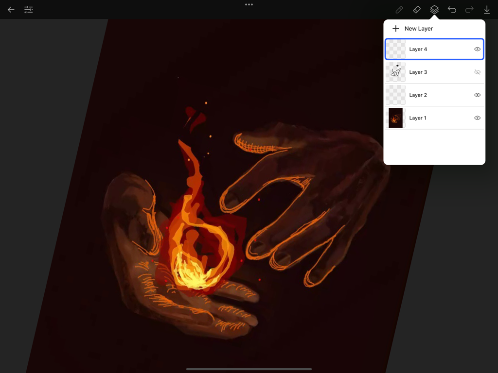 Interface do aplicativo AmberDraw no iPad mostrando um painel de camadas sobre uma pintura digital de mãos segurando uma chama brilhante.