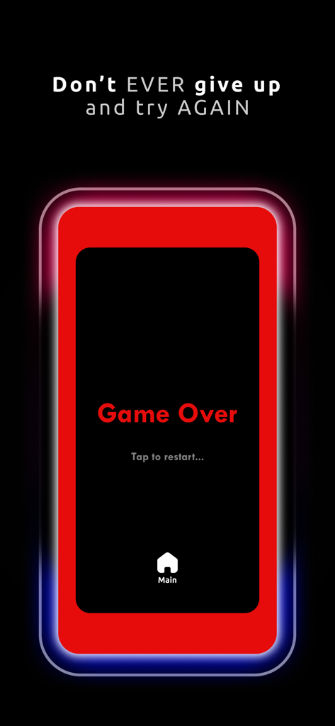 Reaction Time - Reflex Game - A game over screen for the Reaction Time Reflex game with a motivational message and a tap to restart option