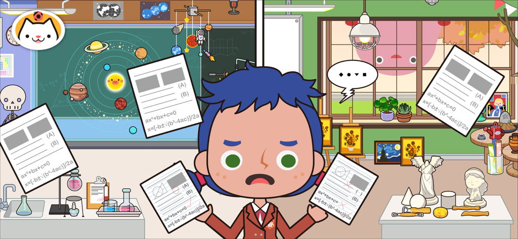 Miga Town: My School - Cartoon student holding math tests in a school classroom with science and art sections
