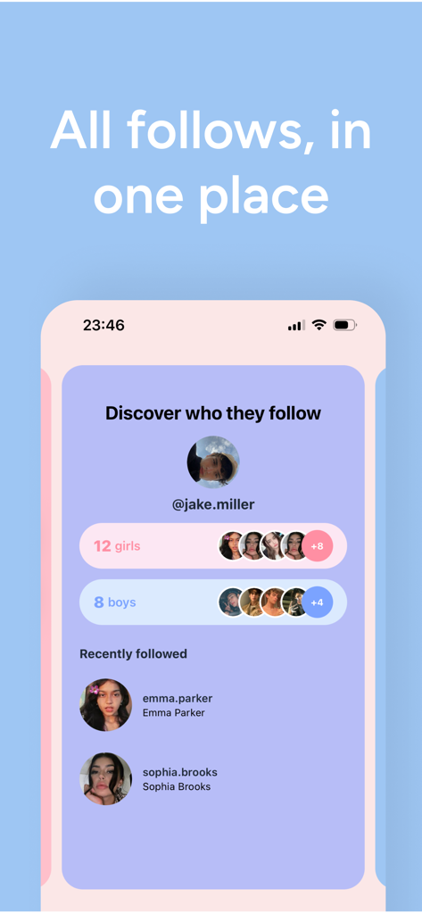 Interface of the Stalkie app displaying followers and recently followed accounts for a specific profile