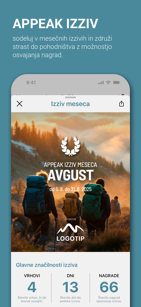 APPEAK - APPEAK app monthly hiking challenge screen showing peaks to conquer and rewards