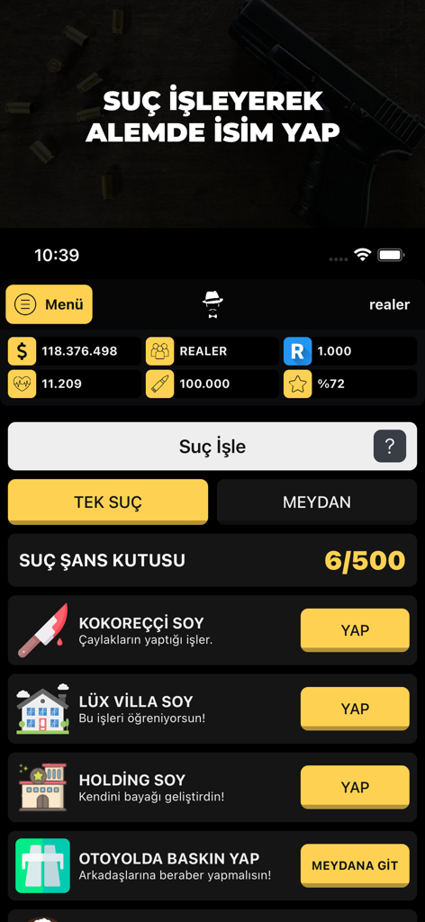 MAFYA - Günahkarlar! - Interface do jogo mobile MAFYA Gunahkarlar mostrando uma lista de missões criminosas e estatísticas do jogador.