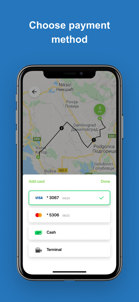 TeslaGoApp rides in Montenegro - TeslaGoApp mobile screen showing payment method options including credit cards and cash over a map of Montenegro