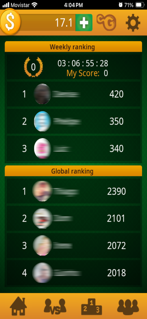 Buraco STBL - Buraco STBLアプリの画面。週間およびグローバルのプレイヤーランキングとスコアが表示されています。