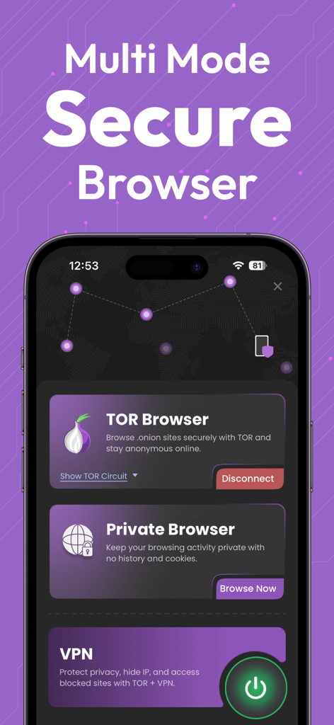 보안 브라우징을 위한 TOR 브라우저, 비공개 브라우저 및 VPN 모드를 보여주는 TOR 브라우저 앱 인터페이스.