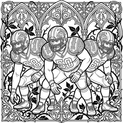 Experience the powerful blend of football and gothic art with this striking coloring page featuring offensive linemen. Delve into a world of intricate patterns and dramatic shadows, ready for your artistic touch.