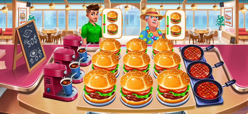 クッキングプレイタイム：テイスティーストリートのモバイルゲームの賑やかなハンバーガーレストランのキッチン。お客様と調理済みの食事を示しています。