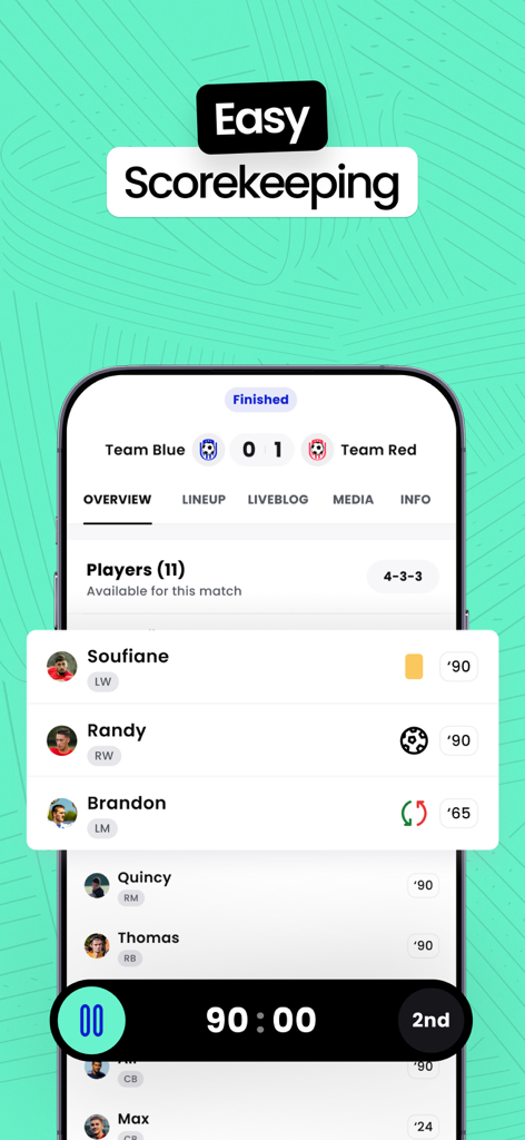 Mingle Sport app interface showing soccer match scorekeeping with player stats and game timer