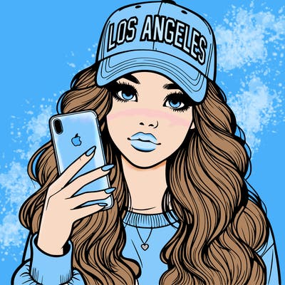 realistic beautiful girl wearing los ángeles cap holding an iphone