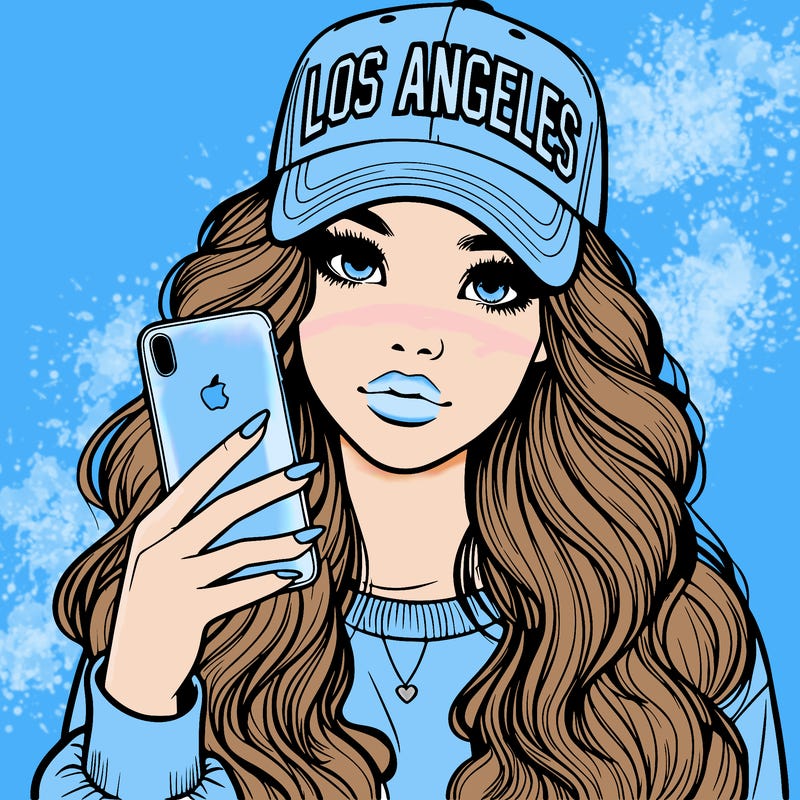realistic beautiful girl wearing los ángeles cap holding an iphone