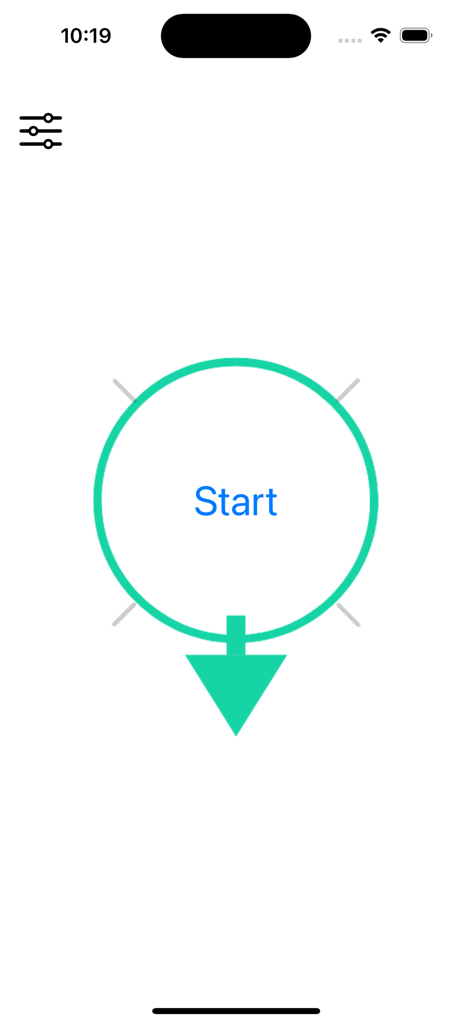 Roulette arrow - Interfaz de la aplicación Ruleta de flecha con un botón de inicio central y una flecha verde apuntando hacia abajo