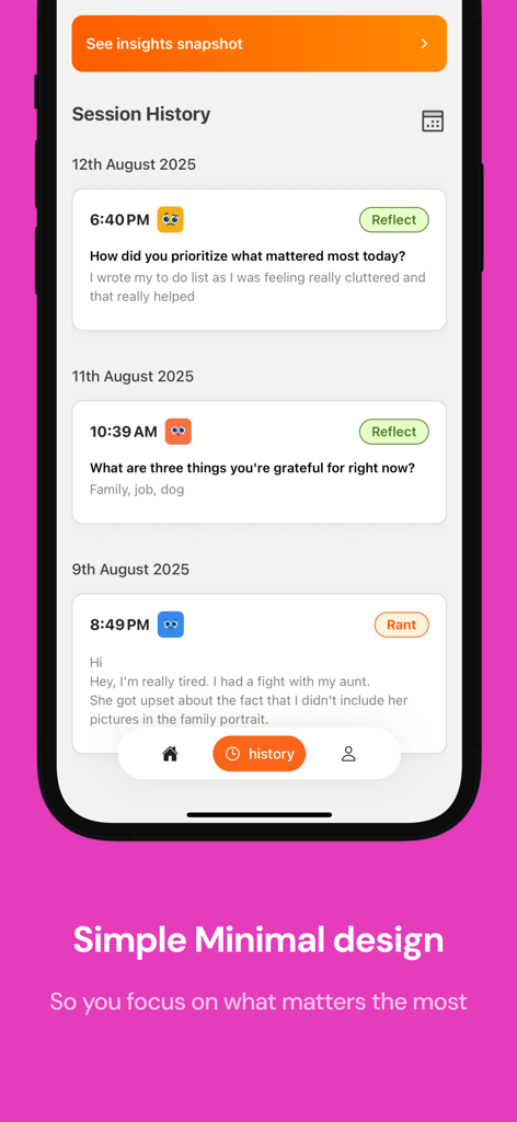 RJ: Selfcare Gratitude Journal - Pantalla de historial de sesiones de la aplicación Rocket Journal que muestra un diseño simple y minimalista para el seguimiento de la salud mental