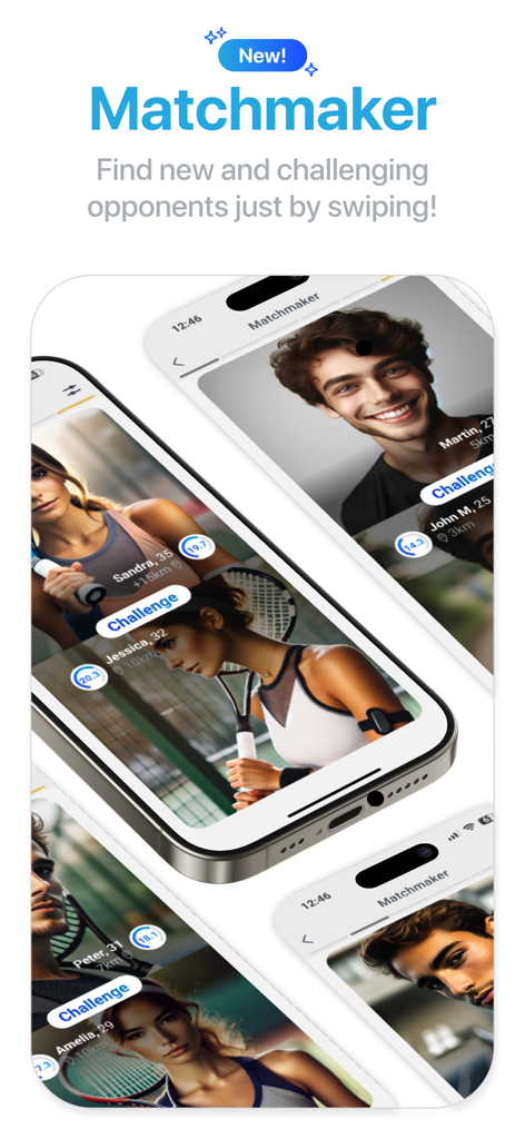 Interfaccia del matchmaker dell'app TiePlayer che mostra profili di giocatori di tennis e padel per trovare avversari tramite swipe
