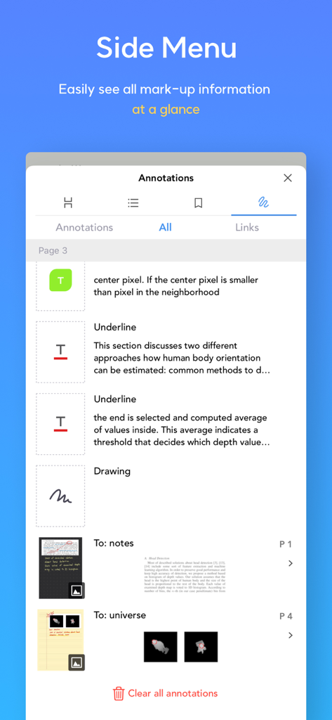 Flexcil Note & Good PDF Reader - Un menú lateral en la aplicación Flexcil que muestra una lista resumen de anotaciones del documento, incluyendo subrayados y dibujos.
