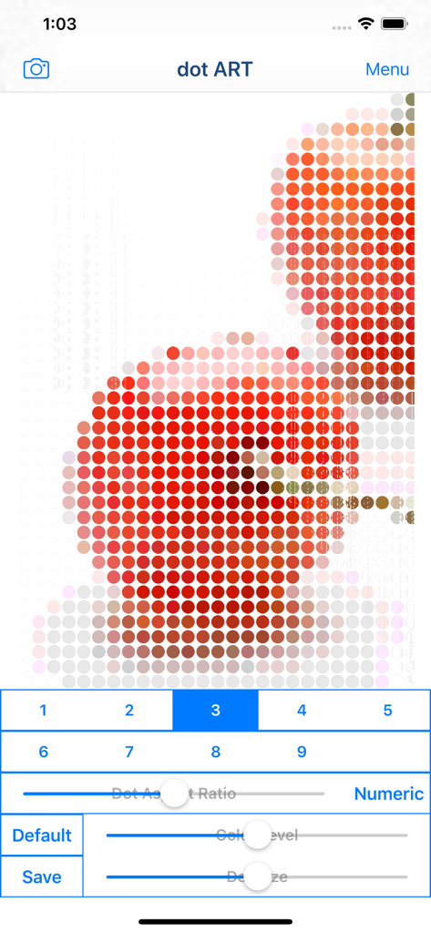 dot ART - Mosaic Effects App - The dot ART app interface displaying a photo of apples transformed into a red dot mosaic pattern with editing sliders.