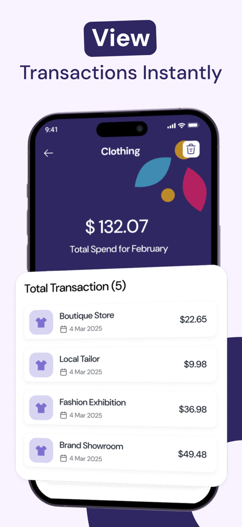 A mobile interface displaying a list of recent transactions for the clothing category and total monthly spend.
